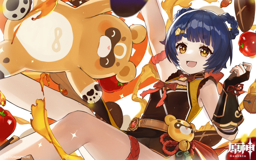 1girl absurdres black_gloves blue_hair bread chinese_clothes food genshin_impact gloves guoba_(genshin_impact) hair_ornament hair_rings highres official_art open_mouth pepper red_panda vision_(genshin_impact) xiangling_(genshin_impact) yellow_eyes