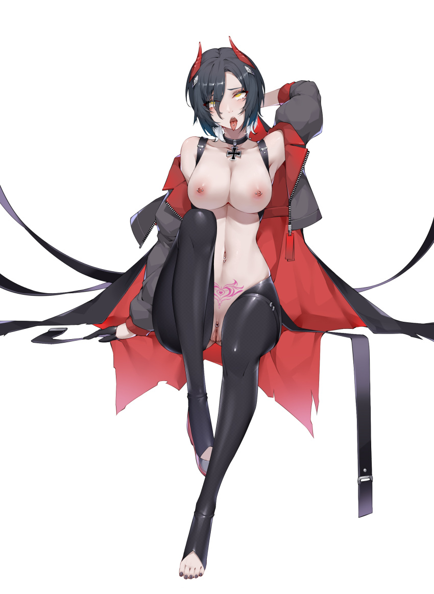 1girl absurdres ahegao arm_behind_head azur_lane black_choker black_coat black_gloves black_hair black_legwear black_nails breasts choker clitoris_piercing coat cross crotchless crotchless_pantyhose eyes_visible_through_hair full_body gloves grey_footwear half_gloves highres horns iron_cross large_breasts looking_at_viewer mechanical_horns multicolored_hair nail_polish navel_piercing nipple_piercing nipples open_clothes open_coat open_mouth pantyhose piercing pubic_tattoo pussy red_horns rolling_eyes shoes short_hair simple_background single_shoe solo tattoo toeless_legwear toenail_polish toenails tongue_piercing two-tone_hair ulrich_von_hutten_(azur_lane) white_background white_hair wsfw yellow_eyes zipper