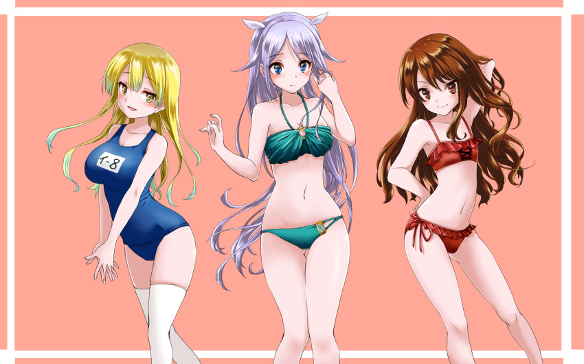 3girls alternate_costume alternate_hairstyle bikini blonde_hair breasts brown_eyes brown_hair cleavage cowboy_shot flat_chest green_eyes green_swimsuit highres i-8_(kancolle) kantai_collection large_breasts long_hair medium_breasts mole mole_under_eye multiple_girls name_tag navel pink_background red_swimsuit ryuka_hirg ryuujou_(kancolle) school_swimsuit silver_hair swimsuit thighhighs umikaze_(kancolle) umikaze_kai_ni_(kancolle) very_long_hair white_hair white_legwear yellow_eyes