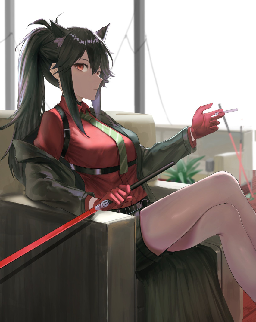 1girl animal_ear_fluff animal_ears arknights armchair backlighting bare_legs belt between_fingers black_coat black_hair black_jacket black_shorts breasts chair cigarette closed_mouth coat couch crossed_legs feet_out_of_frame gloves green_necktie highres holding holding_cigarette holding_sword holding_weapon indoors jacket long_hair long_sleeves looking_at_viewer medium_breasts necktie off_shoulder okayannosuke open_clothes open_coat open_jacket ponytail red_eyes red_gloves red_shirt shirt shorts sidelocks sitting solo striped_necktie sword texas_(arknights) texas_(willpower)_(arknights) underbust weapon window wolf_ears