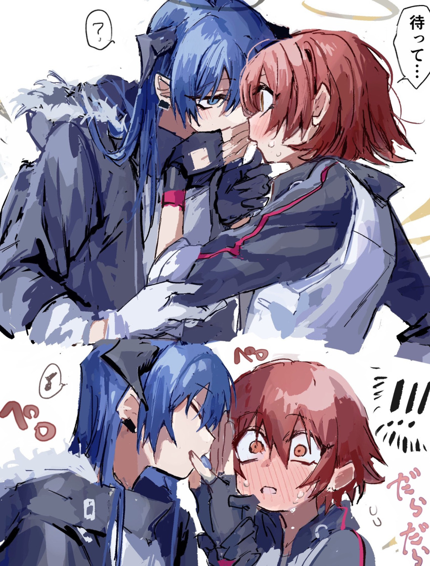 2girls ? arknights asymmetrical_gloves bangs black_coat black_gloves blue_eyes blue_hair blue_tongue blush closed_eyes coat colored_tongue covering_another's_mouth detached_wings ear_piercing embarrassed energy_wings exusiai_(arknights) eye_contact eyebrows_visible_through_hair fingerless_gloves full-face_blush gloves halo highres hood hood_down hooded_coat horns jacket licking licking_hand long_hair long_sleeves looking_at_another mismatched_gloves mostima_(arknights) multiple_girls musical_note na_tarapisu153 open_clothes open_coat open_mouth piercing red_eyes red_hair short_hair simple_background speech_bubble spoken_musical_note spoken_question_mark sweat sweating_profusely tongue tongue_out translation_request white_background white_gloves white_jacket wide-eyed wings yuri