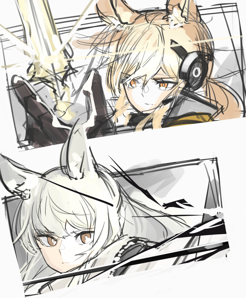 2girls absurdres animal_ear_fluff animal_ears ao_oni_(onioni-aoi) arknights bangs battle black_gloves blonde_hair brown_eyes closed_mouth eyebrows_visible_through_hair gloves headset highres holding horse_ears implied_extra_ears long_hair multiple_girls nearl_(arknights) nearl_the_radiant_knight_(arknights) orange_eyes ponytail silver_hair sketch v-shaped_eyebrows