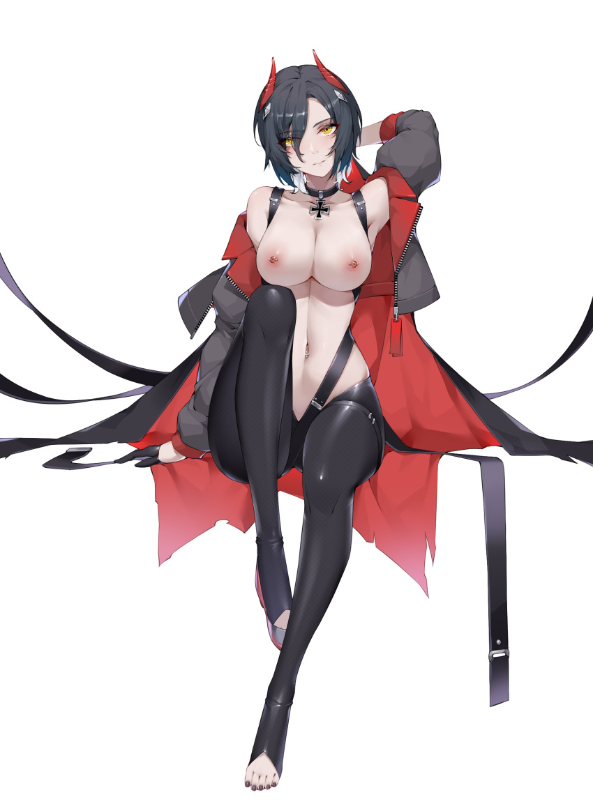 1girl absurdres arm_behind_head azur_lane black_choker black_coat black_gloves black_hair black_legwear black_nails breast_strap breasts choker coat cross crotchless crotchless_pantyhose full_body gloves half_gloves highres horns iron_cross large_breasts looking_at_viewer mechanical_horns multicolored_hair nail_polish nipples open_clothes open_coat pantyhose red_horns short_hair simple_background solo toeless_legwear toenail_polish toenails two-tone_hair ulrich_von_hutten_(azur_lane) white_background white_hair wsfw yellow_eyes zipper