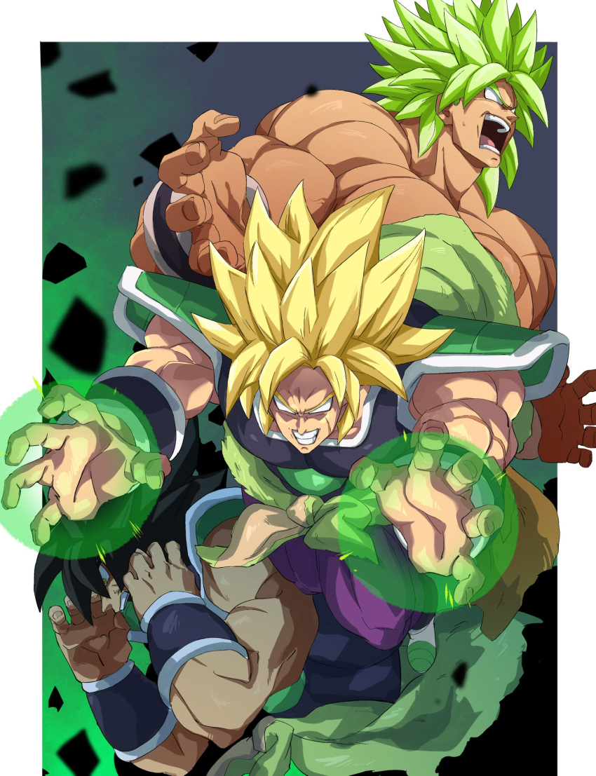 1boy armor black_hair blonde_hair broly_(dragon_ball_super) commentary dragon_ball dragon_ball_super dragon_ball_super_broly green_hair highres legendary_super_saiyan male_focus multiple_forms multiple_views muscular muscular_male no_pupils pretty-purin720 saiyan_armor scar scar_on_face solo spiked_hair super_saiyan super_saiyan_1 topless_male yellow_eyes