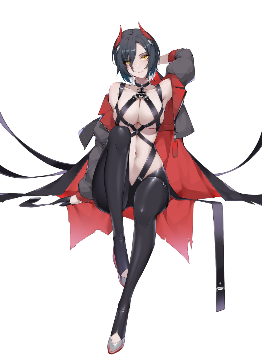 1girl absurdres arm_behind_head azur_lane black_choker black_coat black_gloves black_hair black_legwear breast_strap breasts choker coat cross crotchless crotchless_pantyhose full_body gloves half_gloves highres horns iron_cross large_breasts looking_at_viewer mechanical_horns multicolored_hair open_clothes open_coat pantyhose red_horns short_hair simple_background solo two-tone_hair ulrich_von_hutten_(azur_lane) white_background white_hair wsfw yellow_eyes zipper