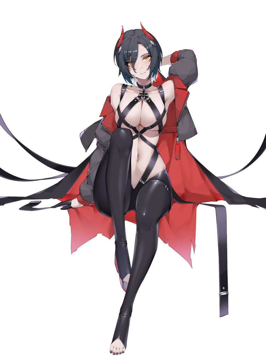1girl absurdres arm_behind_head azur_lane black_choker black_coat black_gloves black_hair black_legwear black_nails breast_strap breasts choker coat cross crotchless crotchless_pantyhose full_body gloves half_gloves highres horns iron_cross large_breasts looking_at_viewer mechanical_horns multicolored_hair nail_polish open_clothes open_coat pantyhose red_horns short_hair simple_background solo toeless_legwear toenail_polish toenails two-tone_hair ulrich_von_hutten_(azur_lane) white_background white_hair wsfw yellow_eyes zipper