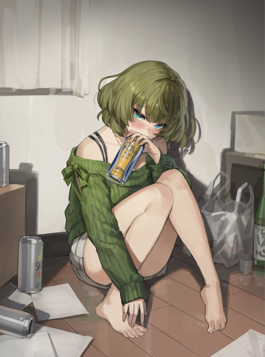 1girl absurdres bag bare_legs barefoot beer_can blue_eyes blush bob_cut bottle can covered_mouth drunk green_eyes green_hair green_sweater head_tilt heterochromia highres holding holding_can idolmaster idolmaster_cinderella_girls indoors knees_up looking_at_viewer maenoo off-shoulder_sweater off_shoulder on_floor papers plastic_bag ribbed_sweater sake_bottle sitting solo sweater takagaki_kaede wooden_floor