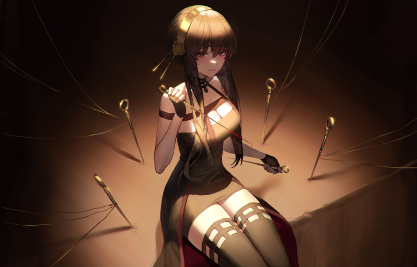 1girl absurdres bangs black_dress black_gloves black_hair black_legwear blood blood_on_weapon breasts cleavage closed_mouth dagger dress fingerless_gloves gloves gold_hairband highres holding holding_dagger holding_weapon knife large_breasts long_hair looking_at_viewer osuti planted planted_knife raised_eyebrows red_eyes rose_hair_ornament sidelocks sitting solo spikes spy_x_family thighhighs two-sided_dress weapon wire yor_briar zettai_ryouiki