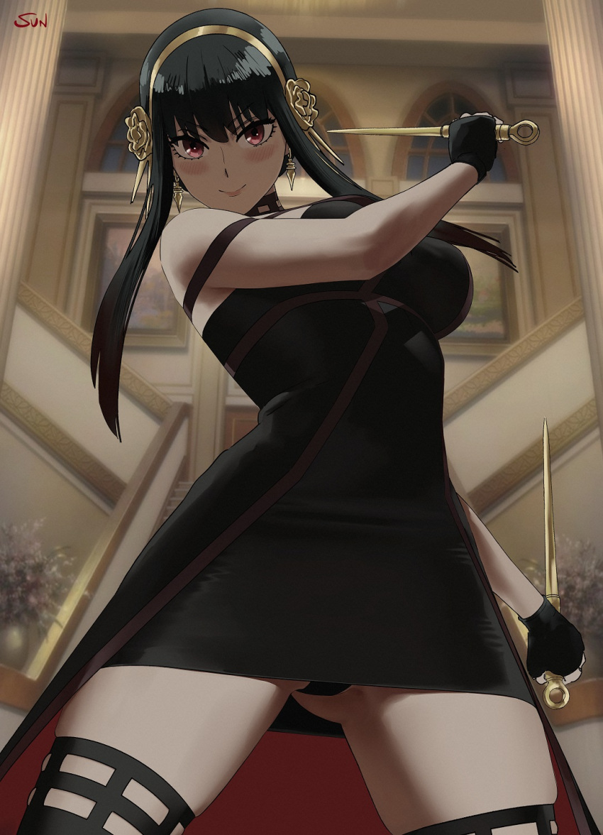 1girl artist_name bangs black_gloves black_hair black_legwear black_panties blush breasts closed_mouth dagger dual_wielding earrings eyebrows_visible_through_hair fingerless_gloves flower from_below gloves gold_earrings gold_hairband highres holding holding_dagger holding_weapon indoors jewelry knife large_breasts lips long_hair looking_at_viewer panties pantyshot red_eyes rose_hair_ornament sidelocks skindentation smile solo spikes spy_x_family stairs sun_fanart thighhighs underwear v-shaped_eyebrows vase weapon yor_briar