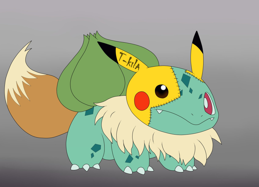 2022 3_toes ambiguous_gender anthro bulbasaur eevee feet fusion grey_background hi_res licerzing looking_at_viewer multicolored_body neck_tuft nintendo patchwork_creature pikachu pok&eacute;mon pok&eacute;mon_(species) pok&eacute;mon_fusion red_eyes seam_(sewing) signature simple_background solo toes tuft two_tone_body video_games what_has_science_done