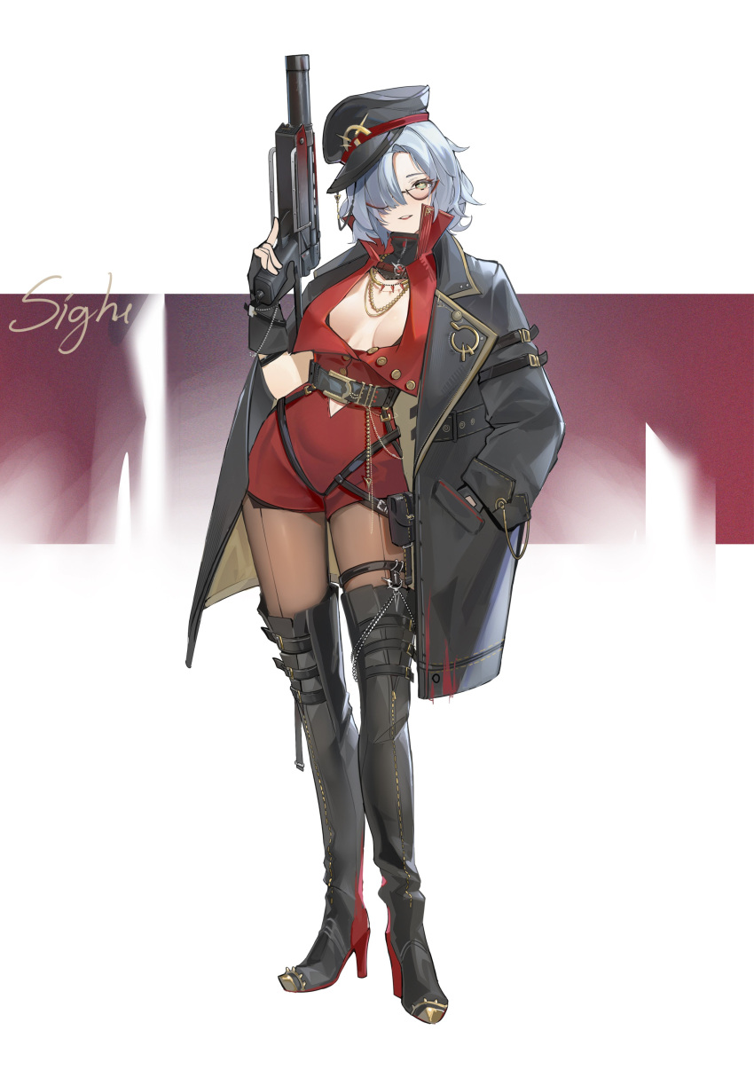1girl absurdres black_coat blue_hair boots breasts buttons coat commentary dalimao glasses green_eyes gun hair_over_one_eye hand_in_pocket hand_up hat high_heel_boots high_heels highres holding holding_gun holding_weapon jewelry looking_at_viewer medium_breasts military_hat necklace one_eye_covered original pantyhose parted_lips pouch romper solo standing thigh_boots thighhighs weapon