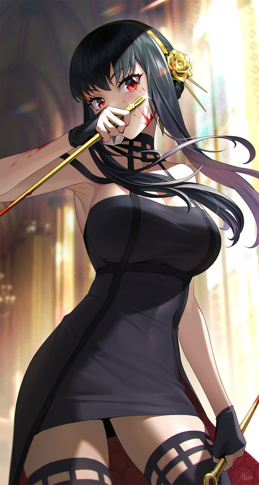 1girl black_dress black_gloves black_hair black_legwear blood blood_on_arm blood_on_face blood_on_hands blood_on_weapon blurry blurry_background breasts contrapposto cowboy_shot dagger dress dual_wielding earrings floating_hair glint gloves gold_earrings gold_hairband hand_to_own_mouth highres holding holding_dagger holding_weapon jewelry knife large_breasts long_hair looking_at_viewer masin0201 red_eyes reverse_grip rose_hair_ornament sidelocks signature solo spy_x_family thighhighs two-sided_dress weapon yor_briar zettai_ryouiki