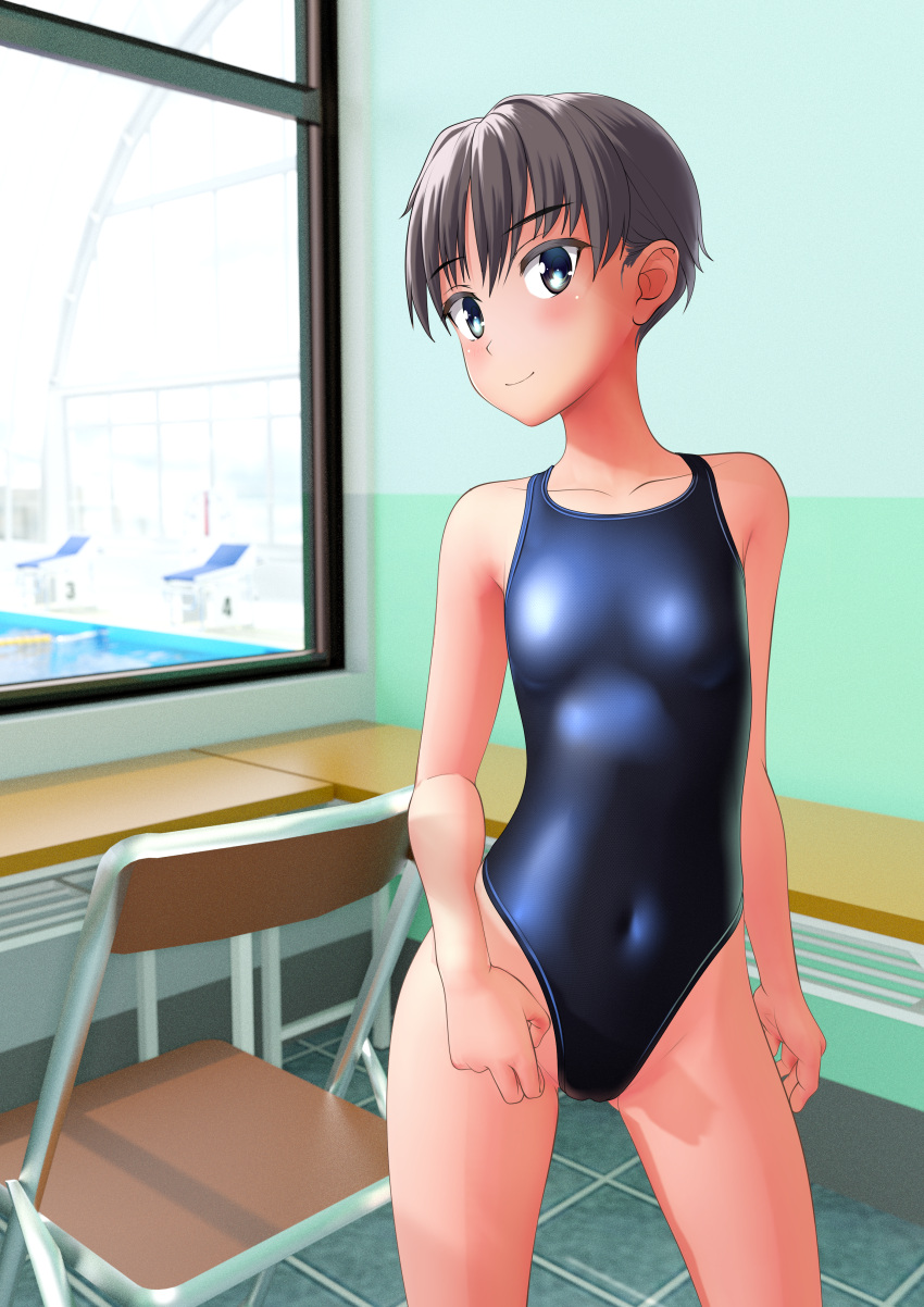 1girl absurdres black_swimsuit blue_eyes breasts chair commentary_request competition_swimsuit cowboy_shot folding_chair grey_hair highleg highleg_swimsuit highres one-piece_swimsuit original short_hair small_breasts solo standing swimsuit table takafumi tan window