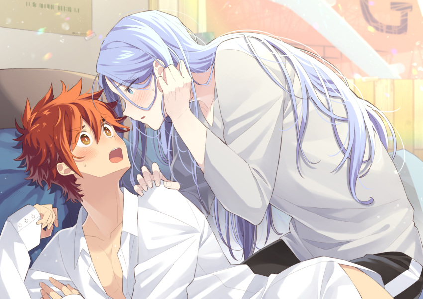 2boys alternate_hair_length alternate_hairstyle bed blue_eyes blue_hair blush eye_contact hand_on_another's_shoulder hasegawa_langa highres kyan_reki long_hair looking_at_another male_focus multiple_boys open_mouth pillow red_hair sk8_the_infinity uppi yaoi yellow_eyes