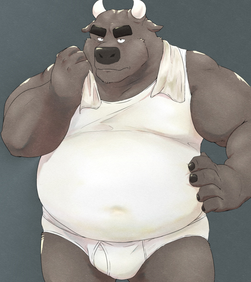 2022 anthro belly big_belly bovid bovine bulge cattle clothing hi_res horn humanoid_hands kemono male mammal o_miso_n overweight overweight_male shirt simple_background solo topwear towel towel_around_neck underwear