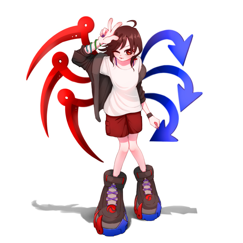 1girl ahoge alternate_costume asymmetrical_wings boots brown_hair contemporary full_body highres houjuu_nue jewelry knees_together_feet_apart large_shoes looking_at_viewer nail_polish one_eye_closed red_eyes red_nails shadow shirt shoes short_hair shorts simple_background solo standing touhou v w white_background wings yokozuna_iwashi