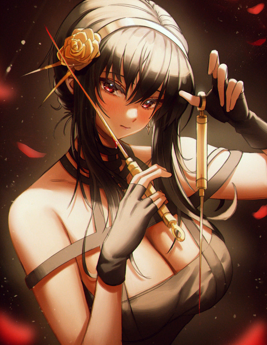 1girl absurdres bare_shoulders black_gloves black_hair breasts cleavage closed_mouth dagger fingerless_gloves gloves gold_hairband golden_rose highres holding holding_dagger holding_weapon knife long_hair looking_at_viewer nompang red_eyes solo spy_x_family upper_body weapon yor_briar