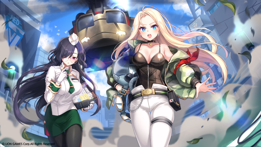 2girls absurdres aircraft bangs belt belt_pouch black_hair black_legwear blonde_hair blue_eyes blue_sky blush breasts choker cleavage clipboard cloud cloudy_sky collarbone commentary_request day earrings eyebrows_visible_through_hair garrison_cap glasses gloves goggles green_skirt hair_over_one_eye hat helicopter helmet highres holding jacket jewelry kyjsogom leaf long_hair long_sleeves medium_breasts miniskirt multiple_girls necktie off_shoulder open_mouth outdoors pants pantyhose pouch red_eyes shiny shiny_clothes shiny_hair simple_background skirt sky soul_worker walkie-talkie white_gloves white_pants