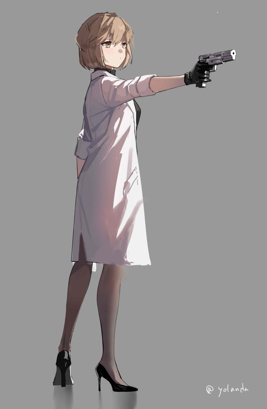 1girl absurdres arm_at_side artist_name bangs black_footwear black_gloves black_legwear black_shirt bob_cut breasts brown_eyes brown_hair brown_legwear finger_on_trigger full_body gloves grey_background gun haibara_ai handgun high_heels highres holding holding_gun holding_weapon labcoat looking_afar meitantei_conan miyano_shiho outstretched_arm pantyhose reflective_floor shirt short_hair sleeves_rolled_up solo standing stiletto_heels turtleneck weapon yolanda