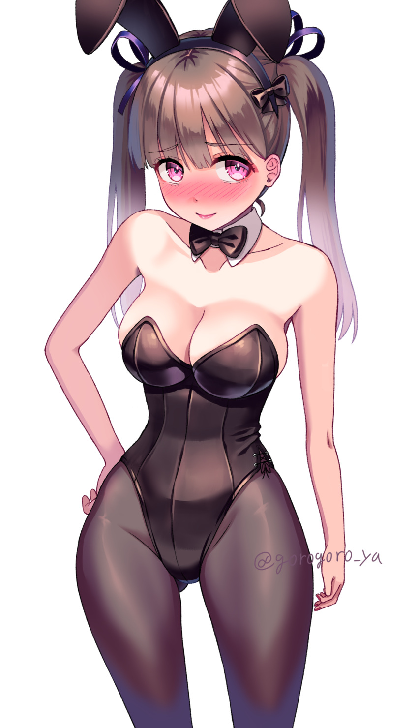 1girl animal_ears bangs black_bow black_bowtie black_legwear black_leotard blunt_bangs bow bowtie breasts brown_eyes brown_hair cleavage commentary_request detached_collar douji highres large_breasts leotard long_hair original pantyhose playboy_bunny rabbit_ears red_eyes simple_background solo standing twintails twitter_username white_background