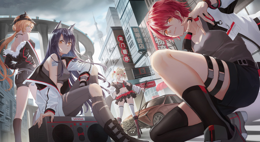 4girls :3 absurdres ahoge alternate_costume animal_ear_fluff animal_ears arknights ass bare_shoulders belt black_footwear black_hair black_headwear black_jacket black_legwear black_shorts black_skirt blonde_hair boots breasts brown_eyes building car character_name chinese_commentary city cleavage closed_mouth collarbone commentary_request cow_horns croissant_(arknights) crop_top cross-laced_footwear crosswalk day evannacc exusiai_(arknights) fur-trimmed_jacket fur_trim grey_pants ground_vehicle highres holding holding_microphone_stand horns id_card jacket jewelry knee_boots kneehighs knees_together_feet_apart lace-up_boots layered_skirt long_hair looking_at_viewer low_ponytail medium_breasts microphone_stand miniskirt motor_vehicle multiple_girls multiple_rings navel off_shoulder one_knee open_clothes open_jacket orange_eyes orange_hair outdoors panties pants red_eyes red_hair red_ribbon red_skirt ribbon ring short_hair short_shorts short_twintails shorts single_thighhigh sitting skirt smile standing stomach texas_(arknights) thigh_strap thighhighs torn_clothes torn_pants twintails underwear unzipped upskirt very_long_hair visor_cap white_jacket white_legwear white_panties wolf_ears