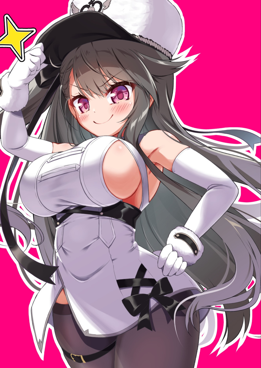 &gt;:) armpits azur_lane bare_shoulders blush breasts closed_mouth coat coat_dress cowboy_shot curvy elbow_gloves from_below fur_trim gloves grey_hair hair_between_eyes hand_on_hip hat_tip highres large_breasts long_hair mikage_(shibi) padded_coat pamiat_merkuria_(azur_lane) pantyhose purple_background purple_eyes retrofit_(azur_lane) russian_clothes sideboob simple_background smile taut_clothes thigh_strap underbust v-shaped_eyebrows very_long_hair white_coat white_headwear