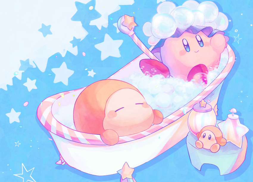 absurdres bathing bathtub blue_background blue_eyes bubble closed_eyes closed_mouth commentary_request doll frills highres kirby kirby_(series) relaxed shampoo_bottle shower_cap smile spread_legs star_(symbol) star_print vul3hl0smteyk1z waddle_dee wand