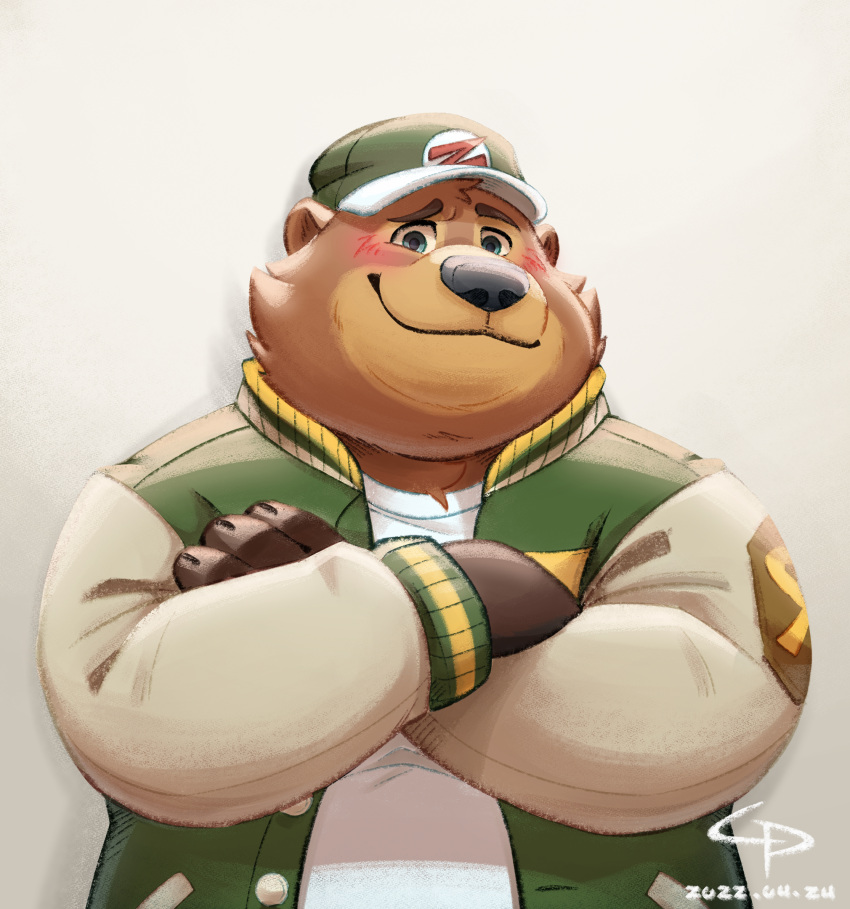 2022 anthro belly big_belly black_nose blush brown_body brown_fur clothing crustonpie fur hat headgear headwear hi_res humanoid_hands kemono male mammal overweight overweight_male shirt simple_background solo topwear ursid