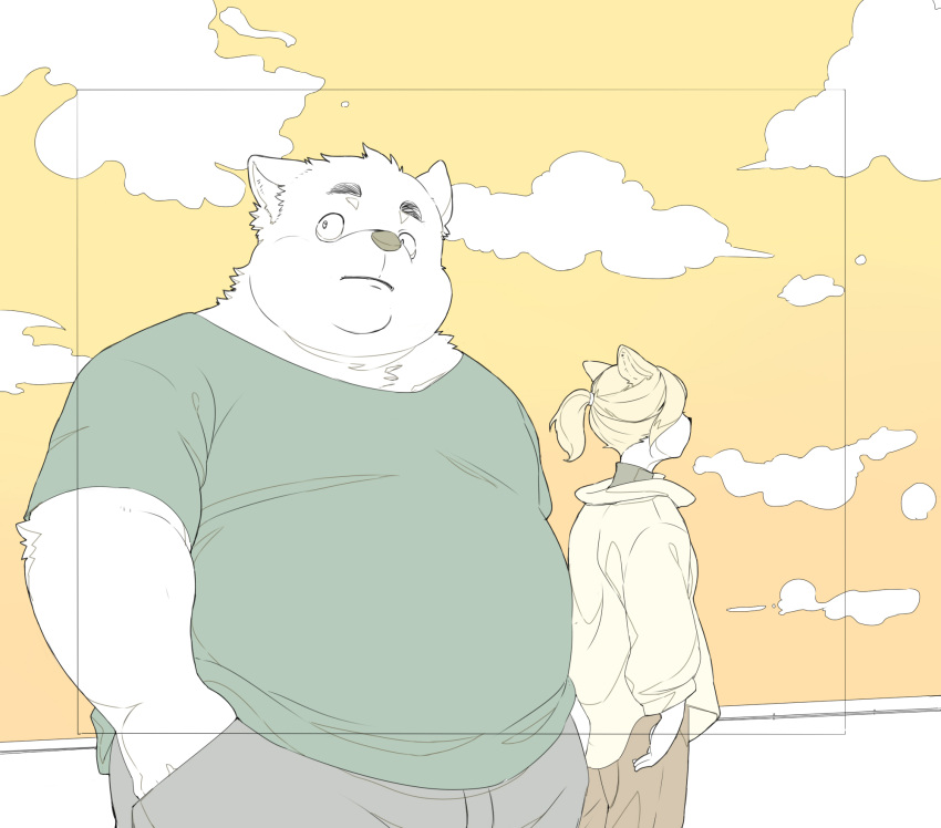 2022 anthro belly big_belly bottomwear canid canine canis clothing domestic_dog duo hi_res humanoid_hands inunoshippo kemono male mammal outside overweight overweight_male pants shirt topwear