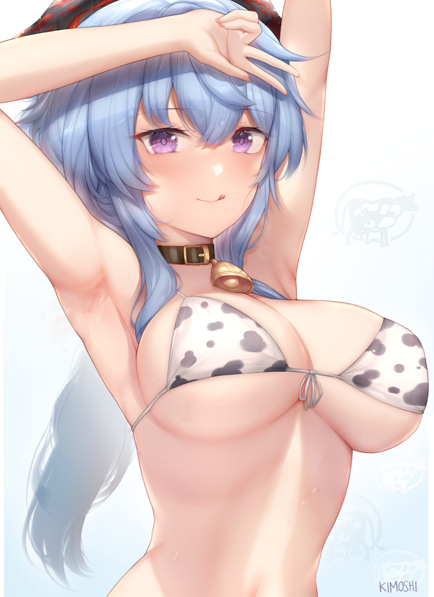 1girl :q animal_print arm_over_head armpits arms_up artist_name bangs bell bikini black_collar blue_hair breasts collar cow_print eyebrows_visible_through_hair ganyu_(genshin_impact) genshin_impact highres horns kimoshi large_breasts licking_lips long_hair looking_at_viewer neck_bell print_bikini purple_eyes revision sidelocks solo sweat swimsuit tongue tongue_out underboob upper_body v