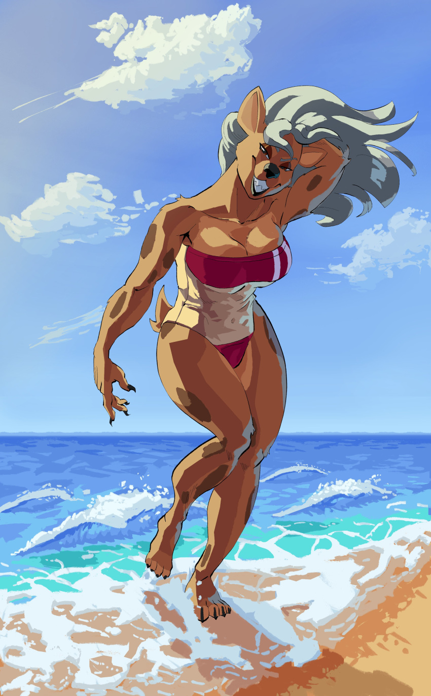 2022 4_toes absurd_res anthro barefoot beach black_nose breasts brown_body brown_fur claws cleavage clothed clothing feet female finger_claws fingers fur grin gris_swimsuit hair hi_res hindpaw humanoid_hands hyaenid kingsus long_hair looking_at_viewer mammal meme meme_clothing one-piece_swimsuit outside paws sand seaside silver_hair smile solo spots spotted_body spotted_fur spotted_hyena swimwear teeth toe_claws toes translucent translucent_clothing translucent_swimwear water