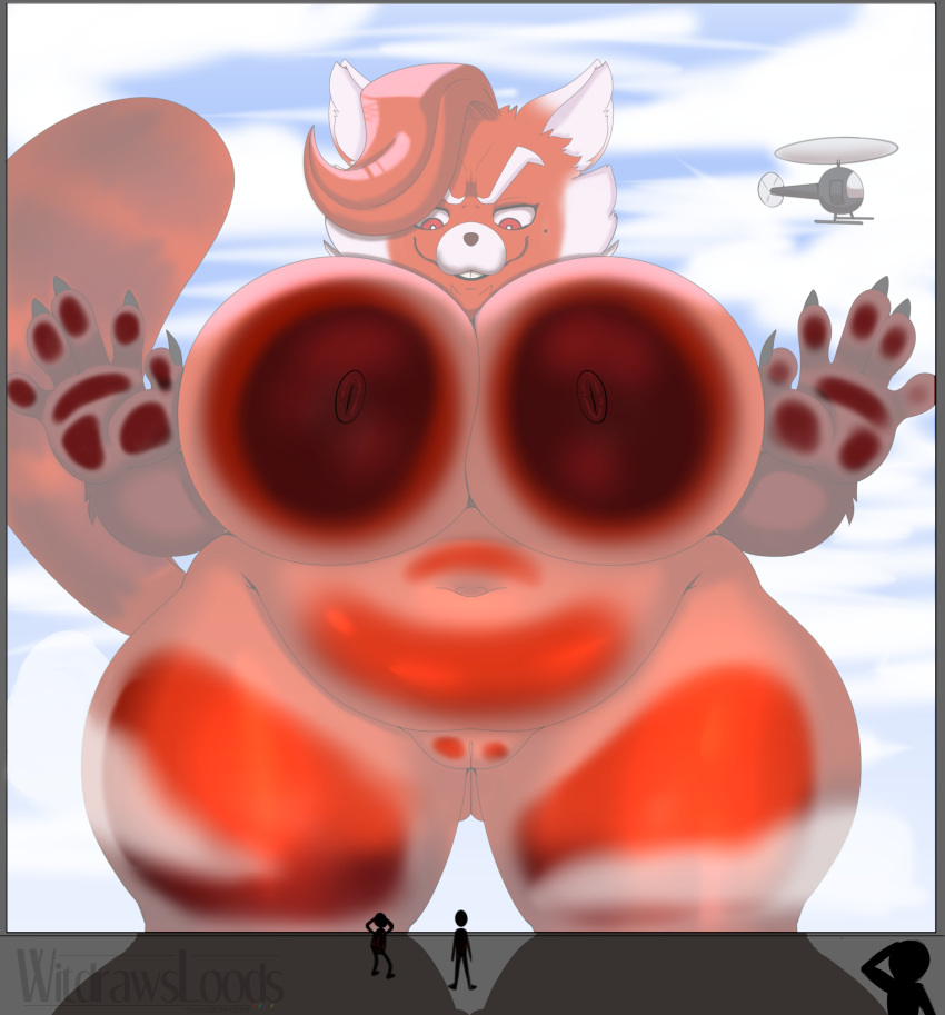 absurd_res against_surface ailurid aircraft ambiguous_gender anthro areola belly big_breasts breasts breasts_against_glass disney female genitals glass group hair helicopter hi_res huge_breasts huge_thighs human looking_down looming macro mammal markings ming_lee_(turning_red) mole_(marking) navel nipples nude on_glass pixar pussy red_body red_eyes red_hair red_nipples red_panda slightly_chubby smile thick_thighs turning_red wide_hips wit_1