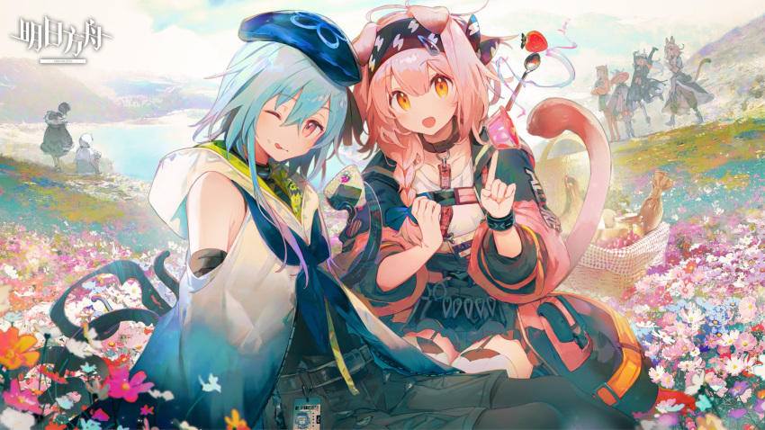 1boy 1girl :p animal_ears arknights cat_ears cloud commentary day english_commentary field flower flower_field goldenglow_(arknights) highres looking_at_viewer mizuki_(arknights) namie-kun one_eye_closed open_mouth outdoors pink_eyes pink_hair sky tongue tongue_out