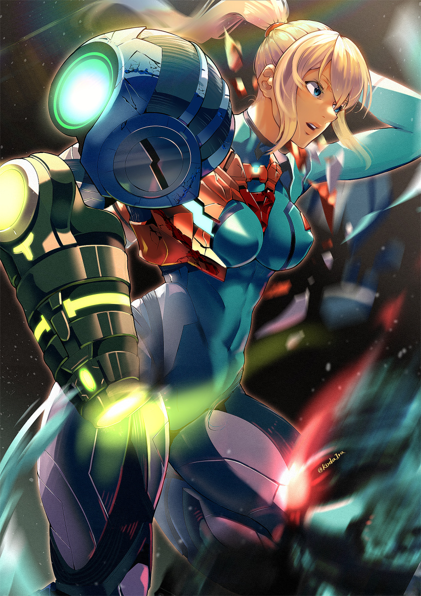 1girl arm_cannon armor blonde_hair blue_bodysuit blue_eyes bodysuit breasts broken_armor commentary_request covered_abs covered_nipples highres impossible_bodysuit impossible_clothes koda1ra lips long_hair medium_breasts metroid motion_blur neon_trim no_headwear no_helmet nose paid_reward_available parted_lips ponytail power_armor samus_aran skin_tight solo teeth upper_teeth varia_suit weapon zero_suit