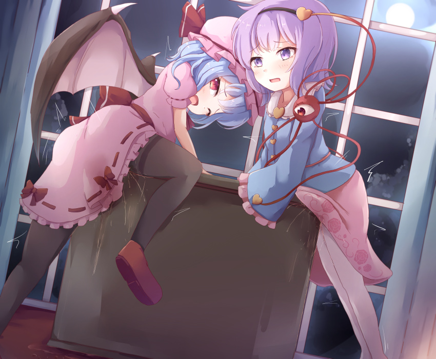 2girls absurdres ass bat_wings black_legwear blue_hair blue_shirt blush clothes_lift crotch_rub curtains dress female_ejaculation female_masturbation female_orgasm full_moon hairband hat highres indoors knee_up komeiji_satori leaning_forward legs looking_back masturbation moaning moon multiple_girls night night_sky nyxerebos one_eye_closed open_mouth orgasm pantyhose pink_dress pink_headwear pink_skirt purple_eyes purple_hair pussy_juice red_eyes red_footwear remilia_scarlet shirt shoes short_hair skirt skirt_lift sky sleeves_past_wrists table table_sex tears thighs third_eye touhou trembling wince window wings