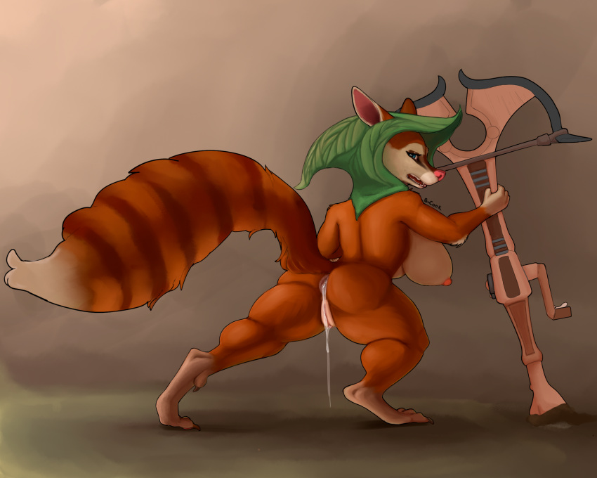 anthro anus bodily_fluids breasts butt crossbow cum dota feet female fur genital_fluids genitals hi_res holding_object holding_weapon hoodwink_(dota) looking_back mammal nipples pussy raised_tail ranged_weapon rodent sciurid solo srcook tree_squirrel video_games weapon