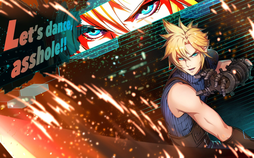 1boy aqua_eyes armor belt blonde_hair blue_shirt cloud_strife english_text fighting_stance final_fantasy final_fantasy_vii final_fantasy_vii_remake gloves halu-ca highres holding holding_sword holding_weapon lower_teeth open_mouth shirt shoulder_armor sleeveless sleeveless_turtleneck solo spiked_hair suspenders sword teeth turtleneck weapon