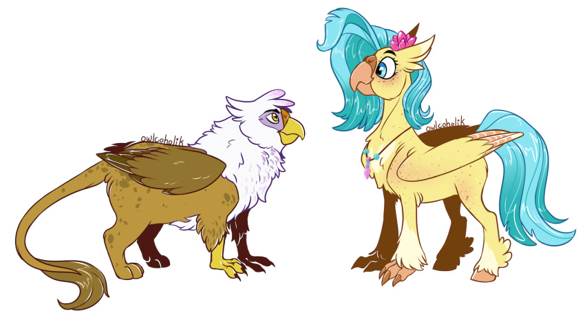 accessory avian beak blue_eyes brown_body brown_feathers claws duo european_mythology feathered_wings feathers female feral flower flower_in_hair freckles friendship_is_magic gilda_(mlp) greek_mythology gryphon hair hair_accessory hippogriff hooves jewelry looking_down looking_up my_little_pony my_little_pony:_the_movie_(2017) mythological_avian mythology necklace owlcoholik plant princess_skystar_(mlp) simple_background size_difference tuft white_background white_body white_feathers wings yellow_body yellow_eyes yellow_feathers