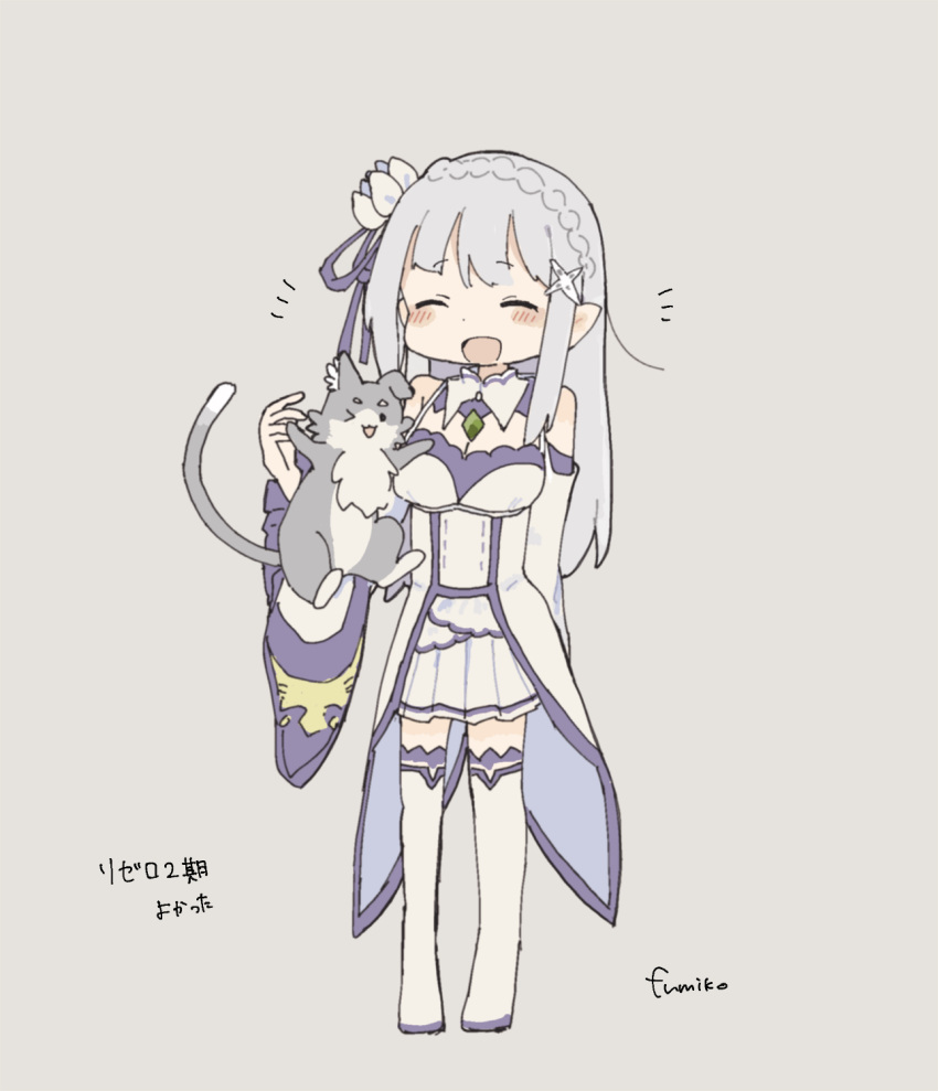 156m 1girl artist_name bare_shoulders blush boots braid breasts cleavage closed_eyes commentary_request crown_braid dress emilia_(re:zero) flower full_body grey_background hair_flower hair_ornament highres long_hair notice_lines open_mouth pointy_ears puck_(re:zero) re:zero_kara_hajimeru_isekai_seikatsu silver_hair simple_background smile solo thigh_boots thighhighs white_dress white_flower white_footwear white_legwear