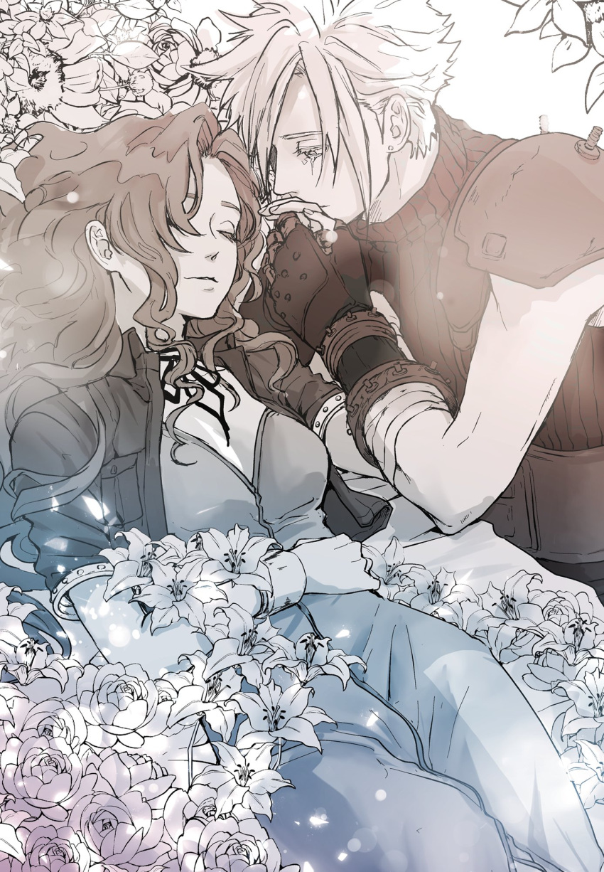 1boy 1girl aerith_gainsborough armor asymmetrical_hair bandaged_arm bandages bangs belt bracelet breasts choker cleavage closed_eyes cloud_strife couple cropped_jacket crying curly_hair demi_co dress earrings final_fantasy final_fantasy_vii flower_bed gloves greyscale hair_down highres holding_hands jewelry kiss kissing_hand long_dress long_hair medium_breasts monochrome parted_bangs shoulder_armor sidelocks single_earring sleeveless sleeveless_turtleneck spiked_hair suspenders tears turtleneck upper_body