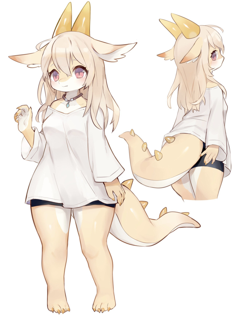 2022 absurd_res bottomwear clothing dragon erumeruta eye_glint female hair hi_res horn kemono looking_back multicolored_body oversized_shirt pendant pink_eyes raised_arm raised_tail shaded shorts side_view simple_shading spiked_tail spikes spikes_(anatomy) tan_body tan_hair two_tone_body yellow_horn