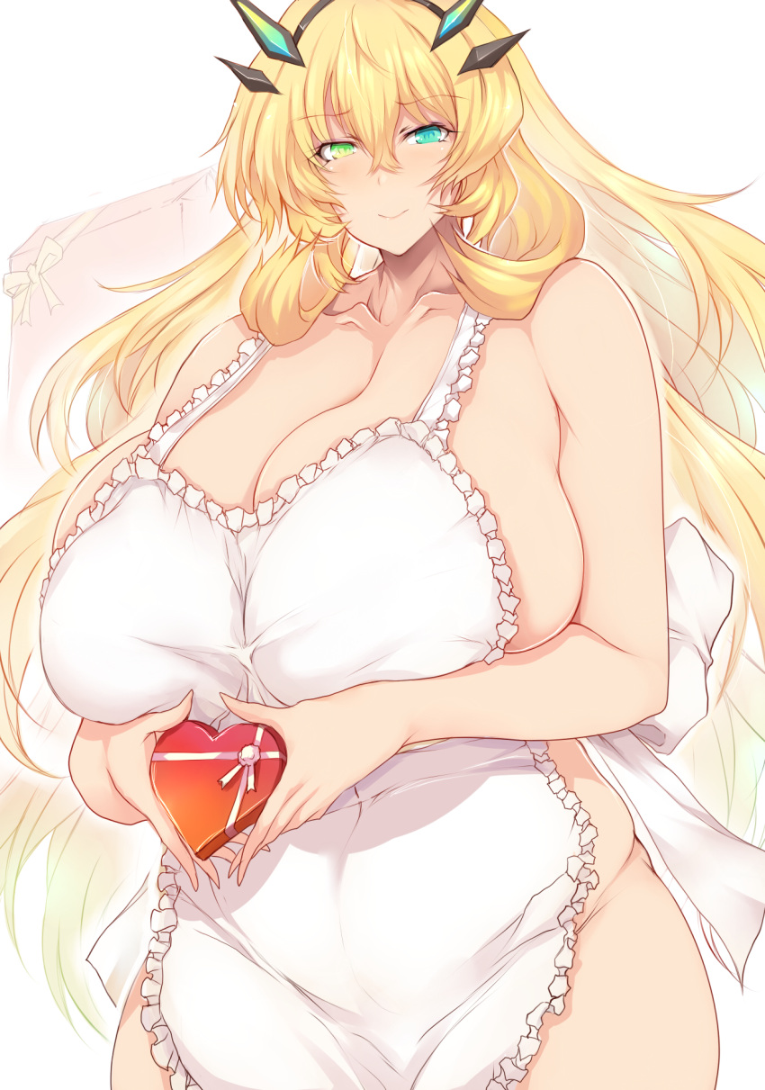 1girl apron bangs bare_shoulders blonde_hair blush box breasts cleavage collarbone fairy_knight_gawain_(fate) fate/grand_order fate_(series) frilled_apron frills gift gift_box green_eyes heart-shaped_box highres horns huge_breasts long_hair looking_at_viewer naked_apron sideboob solo thick_thighs thighs tsukasawa_takamatsu white_apron
