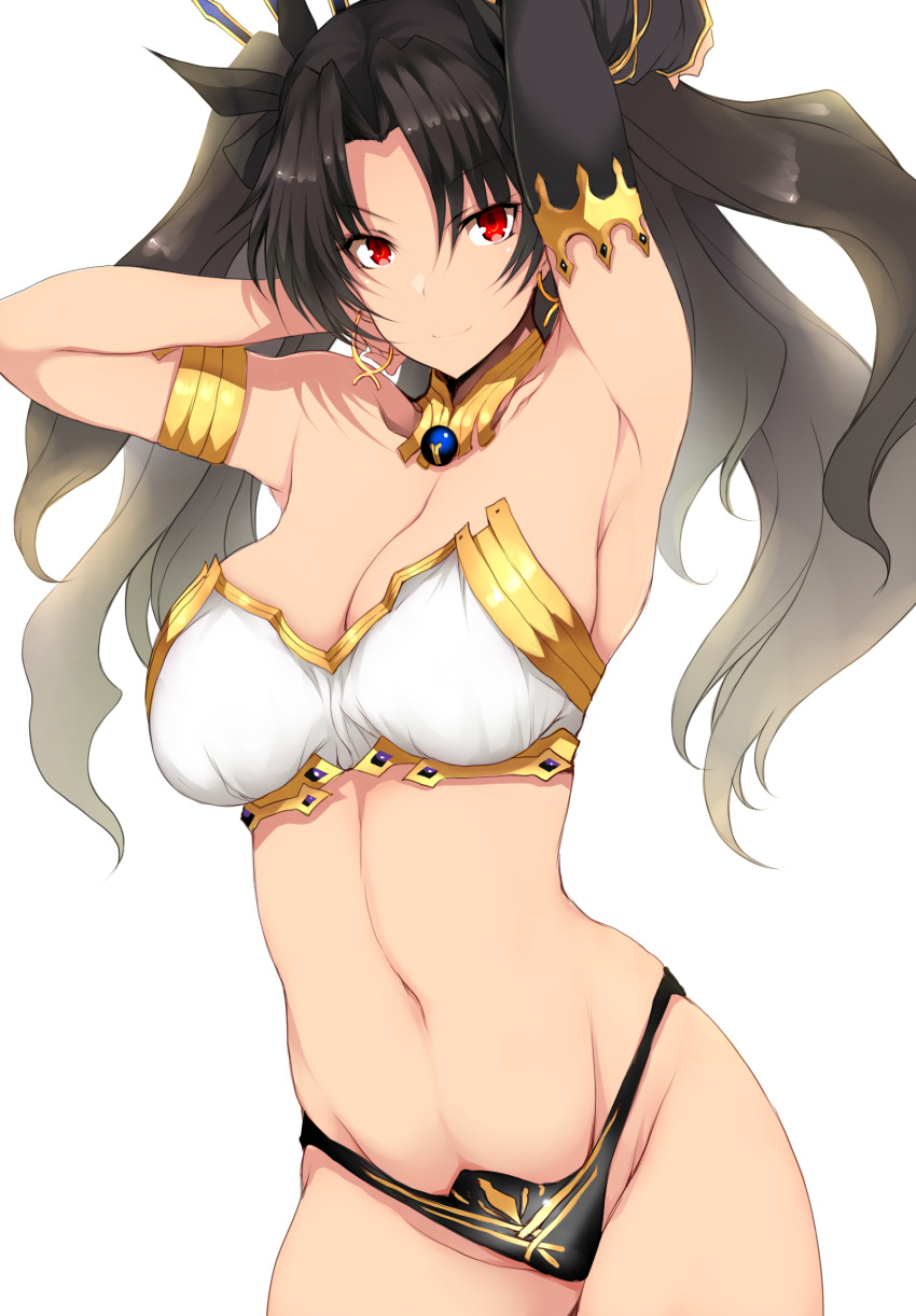 1girl armlet armpits arms_behind_head arms_up bangs bikini black_hair black_legwear bracelet breasts cleavage collarbone detached_sleeves earrings fate/grand_order fate_(series) gold_trim hair_ribbon highres hoop_earrings ishtar_(fate) jewelry large_breasts long_hair looking_at_viewer mismatched_bikini neck_ring parted_bangs red_eyes ribbon single_detached_sleeve single_thighhigh smile solo swimsuit thighhighs thighs tiara tsukasawa_takamatsu two_side_up white_background