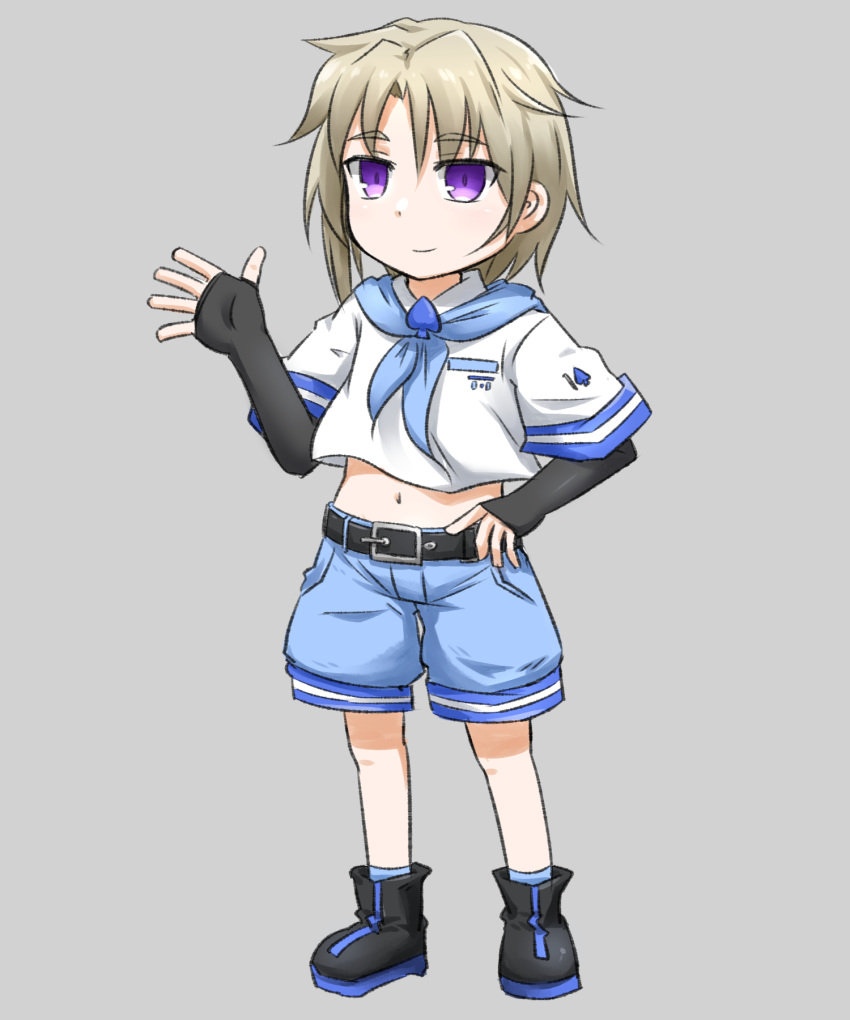 1boy bangs black_footwear black_gloves blue_legwear blue_neckerchief blue_shorts boots brown_hair closed_mouth elbow_gloves eyebrows_visible_through_hair fingerless_gloves full_body gloves grey_background hand_on_hip highres male_focus neckerchief neon-tetora parted_bangs purple_eyes shirt short_shorts short_sleeves shorts simple_background smile socks solo standing thick_eyebrows tsukuyomi_shouta voiceroid white_shirt