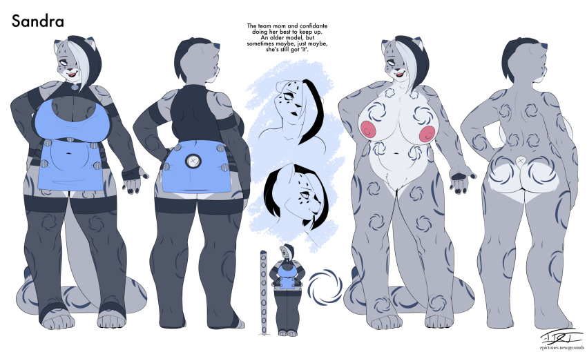 2022 4_toes 5_fingers anthro areola armwear big_breasts black_lips blue_body blue_eyes blue_fur breasts butt claws cleavage clothed clothing crotch_tuft dipstick_ears dipstick_tail elbow_gloves english_text erect_nipples eyeshadow featureless_crotch feet felid female fingerless_gloves fingers front_view fur gloves grey_body grey_fur hair hair_over_eye handwear hardtones hi_res legwear leopard lips long_tail makeup mammal markings model_sheet multicolored_ears navel nipples nude one_eye_obstructed open_mouth open_smile pantherine patterned_fur pawpads rear_view sandra_(hardtones) signature smile snow_leopard solo standing stockings tail_markings text thick_bottom_lip toe_claws toeless_legwear toes topwear tuft