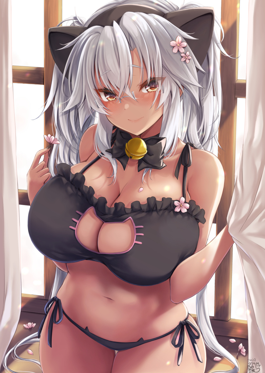 1girl absurdres animal_ears bell black_bra black_hairband black_underwear bra breasts brown_eyes cat_cutout cat_ears cat_lingerie cherry_blossoms choker clothing_cutout dark-skinned_female dark_skin eyebrows eyebrows_visible_through_hair fake_animal_ears glasses grey-framed_eyewear grey_hair hairband highres kantai_collection large_breasts long_hair looking_at_viewer mashiro_yukiya meme_attire musashi_(kancolle) musashi_kai_ni_(kancolle) navel neck_bell panties rectangular_eyewear semi-rimless_eyewear side-tie_panties twintails underwear underwear_only very_long_hair window