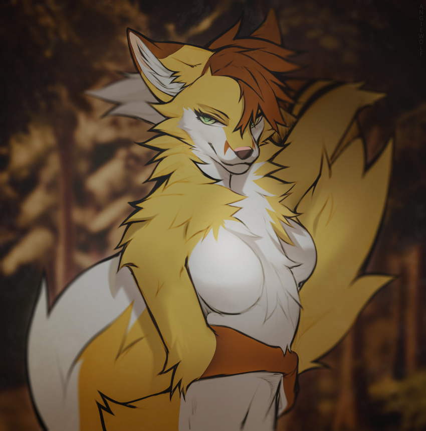 2022 absurd_res angiewolf anthro blurred_background breasts canid canine featureless_breasts female forest fox fur hi_res mammal plant smile solo tree wavy_mouth