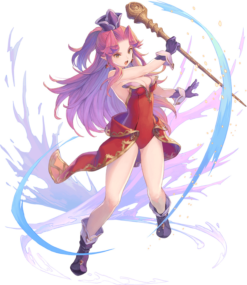 1girl angela_(seiken_densetsu_3) boots breasts brown_eyes cleavage earrings full_body gloves haccan hat highres holding holding_wand jewelry leotard long_hair magic medium_breasts non-web_source official_art open_mouth pointy_ears purple_gloves purple_hair red_leotard seiken_densetsu seiken_densetsu_3 solo standing strapless strapless_leotard transparent_background wand