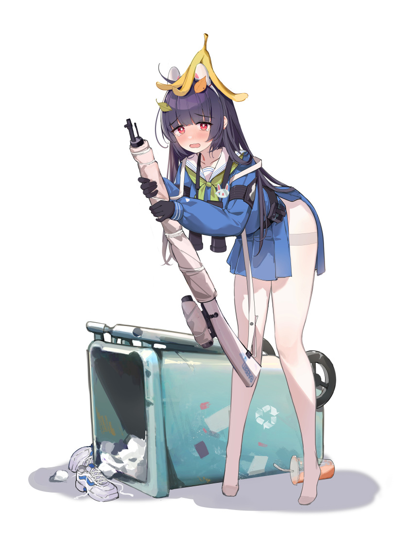 1girl absurdres arrow_(symbol) banana_peel black_hair blue_archive bolt_action full_body gun highres leaf long_hair miniskirt miyu_(blue_archive) pantyhose recycle_bin recycling_symbol rifle school_uniform serafuku shoes shoes_removed simple_background skirt sling sniper_rifle solo thighband_pantyhose wavy_mouth weapon white_background white_legwear yokii