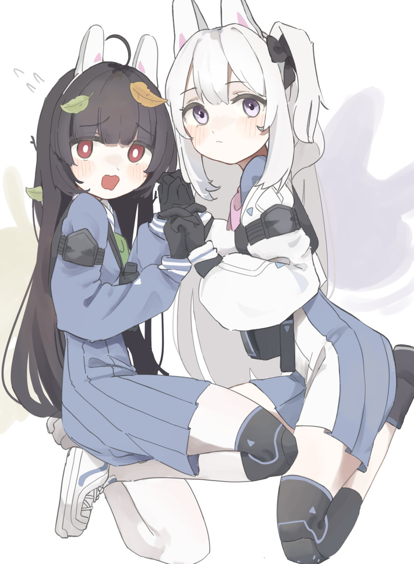 2girls absurdres ahoge animal_ears black_bow black_gloves black_hair blue_archive blue_skirt blush boku_2020 bow eyebrows_visible_through_hair fake_animal_ears flying_sweatdrops from_side full_body gloves hair_bow hands_up highres holding_hands interlocked_fingers knee_pads leaf long_hair long_sleeves looking_at_viewer miyako_(blue_archive) miyu_(blue_archive) multiple_girls one_side_up open_mouth pantyhose pleated_skirt purple_eyes rabbit_ears red_eyes school_uniform shoes simple_background skirt sneakers tactical_clothes two-tone_skirt wavy_mouth white_background white_footwear white_hair white_legwear white_skirt